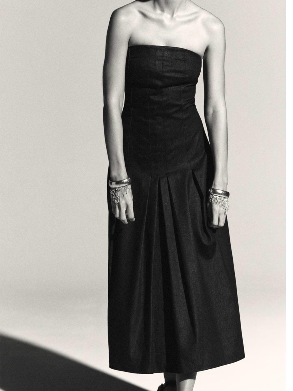 Zara Strapless Black Midi Dress with Pleated Skirt